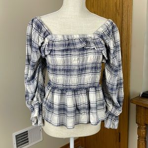Angie Navy and White Plaid Long Sleeve Peplum Style Blouse